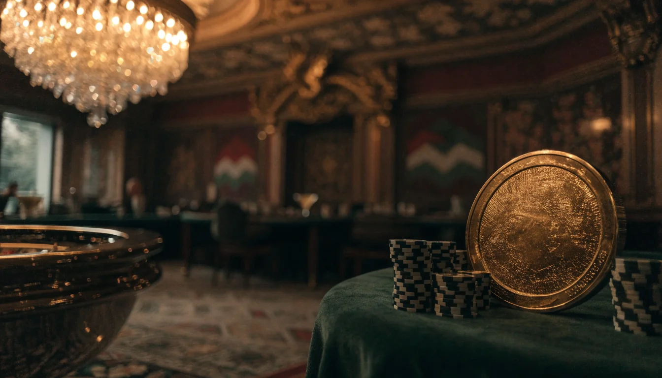 Elegáns magyar kaszinóterem 2026, zsetonok és arany jackpot érme az asztalon