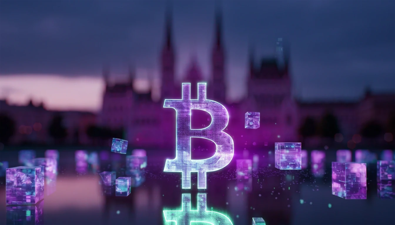 Digitális illusztráció kriptovaluta szimbólummal és a budapesti Parlament sziluettjével