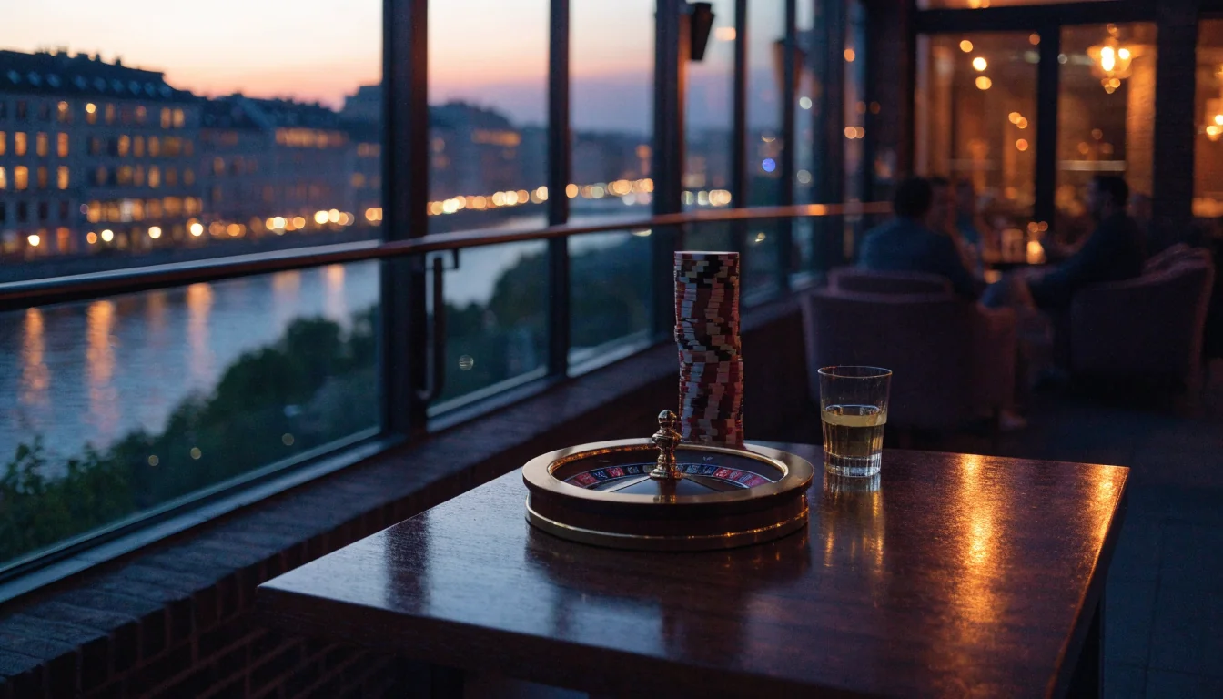 Modern Budapest rooftop lounge at dusk with casino chips and roulette on a wooden table, Hungarian atmosphere.